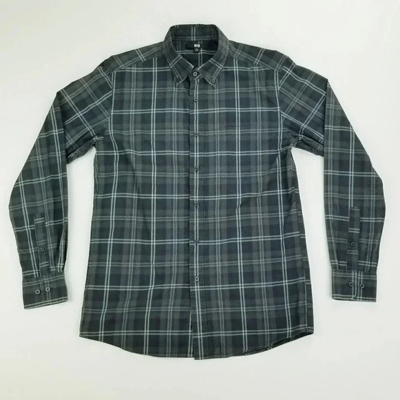 Uniqlo Small Men's Button Down Charcoal Black Check Long Sleeve Cotton Shirt - Picture 1 of 7